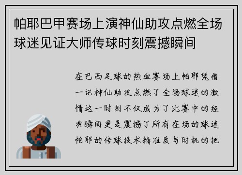 帕耶巴甲赛场上演神仙助攻点燃全场球迷见证大师传球时刻震撼瞬间 帕耶巴甲赛场上演神仙助攻点燃全场球迷见证大师传球时刻震撼瞬间